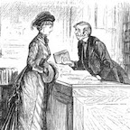 Small image of a man handing a book to a women across a counter.